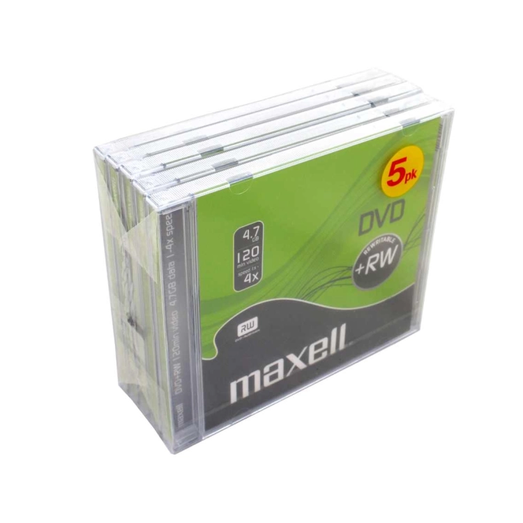 Maxell DVD+RW 4,7 GB 4x – Dettaglio confezione Jewel Case da 5 pezzi
