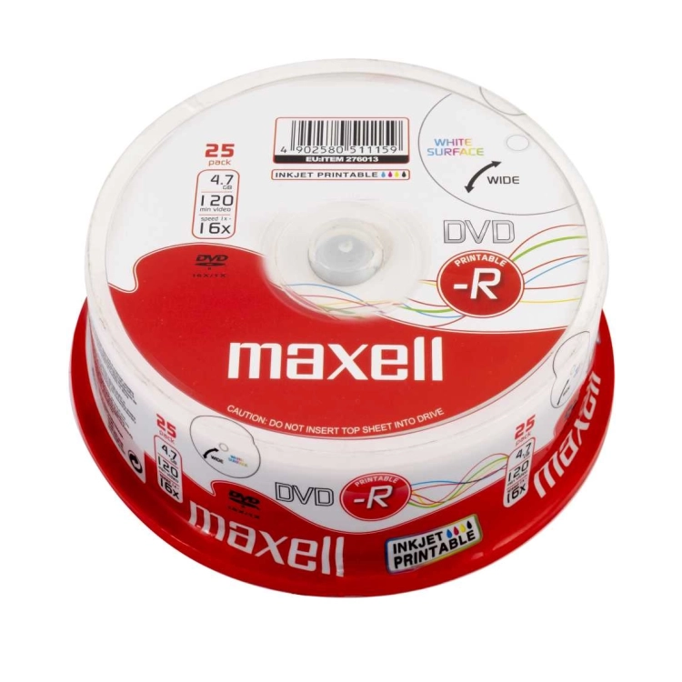 Maxell DVD-R 4,7 GB 16x Printable White – Confezione Spindle da 25 DVD