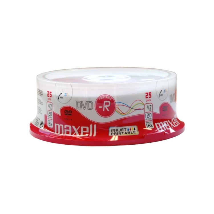 Maxell DVD-R 4,7 GB 16x Printable White – Dettaglio confezione Spindle da 25 DVD