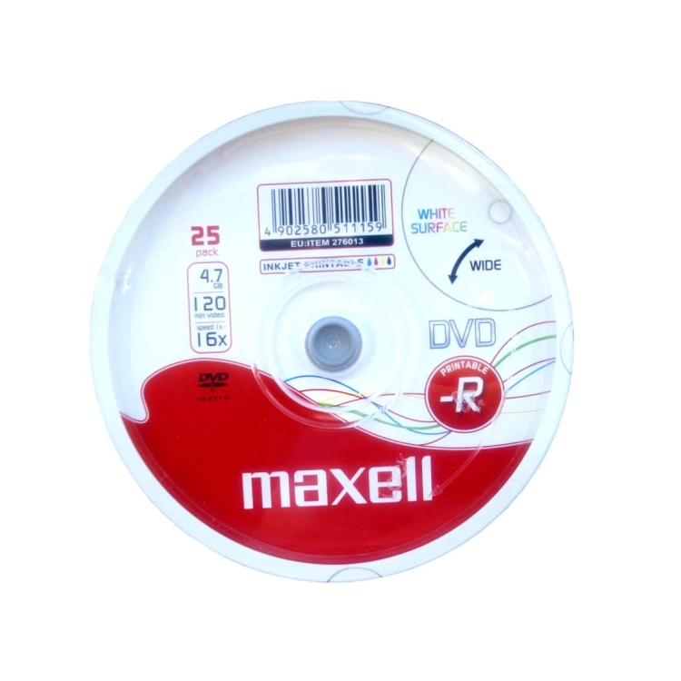 Maxell DVD-R 4,7 GB 16x Printable White – Vista dettaglio Spindle da 25 DVD