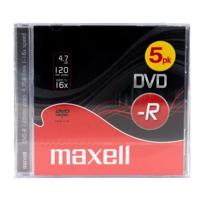 Maxell DVD-R 4,7 GB 16x – Vista dettaglio confezione da 5 DVD Jewel Case