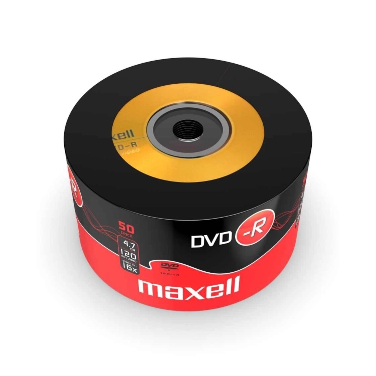Maxell DVD-R 4,7 GB 16x – Vista dall'alto confezione Shrink da 50 DVD