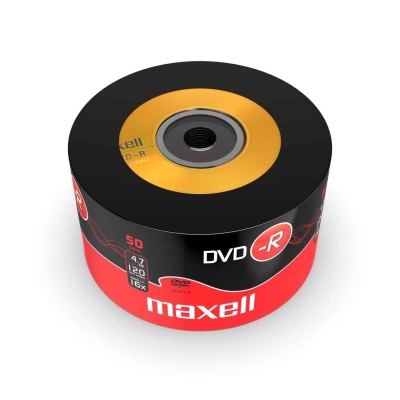 Maxell DVD-R 4,7 GB 16x – Vista dall'alto confezione Shrink da 50 DVD