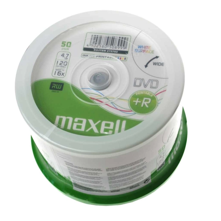 Maxell DVD+R 4,7 GB 16x Printable White – Dettaglio Spindle da 50 DVD