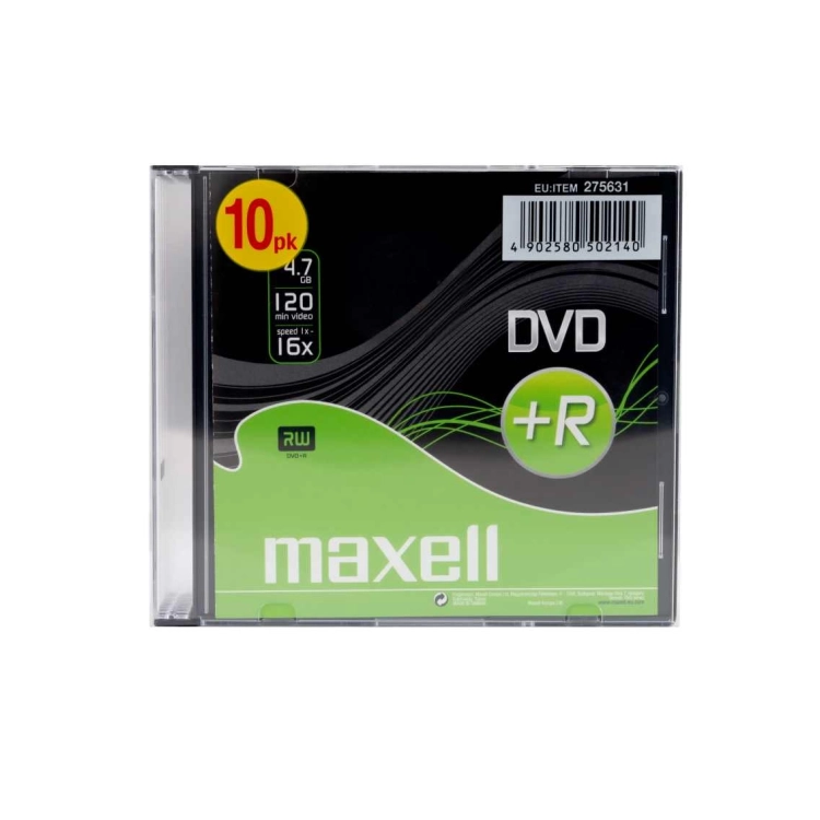 Maxell DVD+R 4,7 GB 16x – Vista dettaglio confezione da 10 DVD Jewel Case