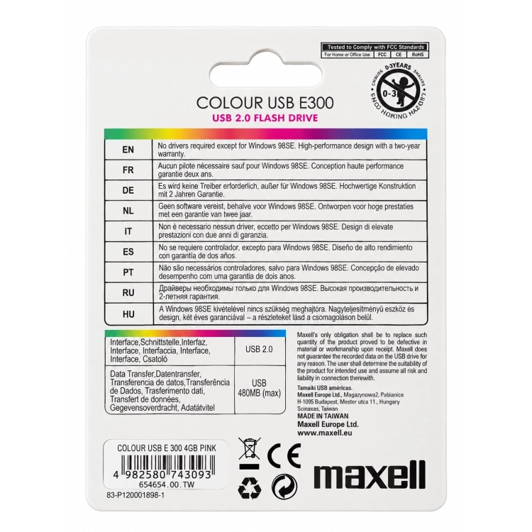 Maxell Colour USB E300 4 GB Rosa – Retro confezione blister con caratteristiche tecniche e codice a barre