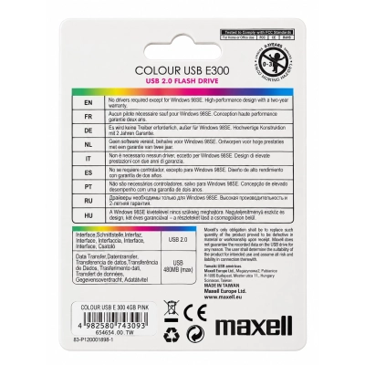 Maxell Colour USB E300 4 GB Rosa – Retro confezione blister con caratteristiche tecniche e codice a barre