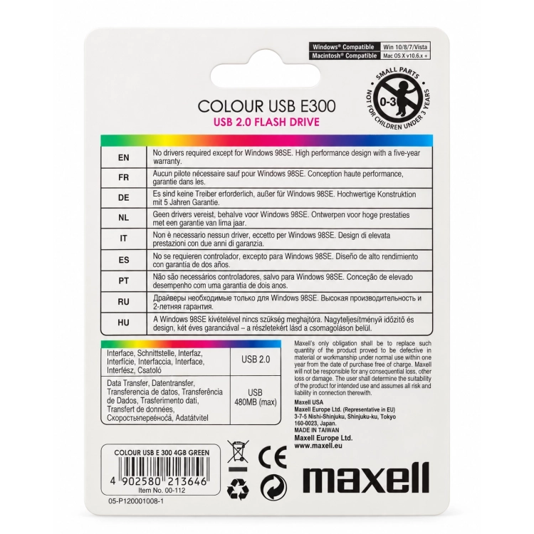 Maxell Colour USB E300 4 GB Verde – Retro confezione blister con caratteristiche tecniche e codice a barre