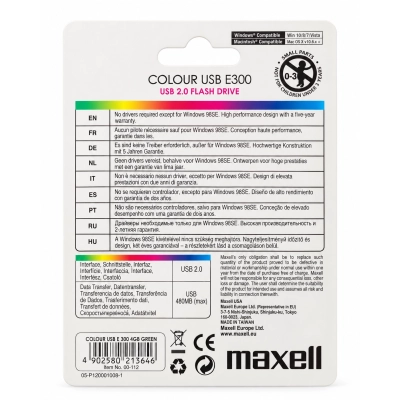 Maxell Colour USB E300 4 GB Verde – Retro confezione blister con caratteristiche tecniche e codice a barre