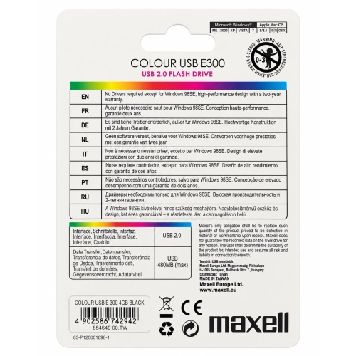 Maxell Colour USB E300 4 GB chiavetta USB 2.0 nera confezione fronte 2