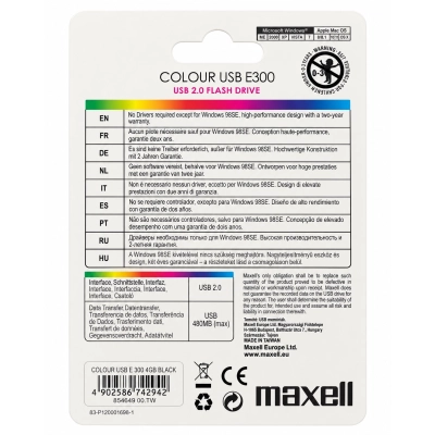 Maxell Colour USB E300 4 GB chiavetta USB 2.0 nera confezione retro