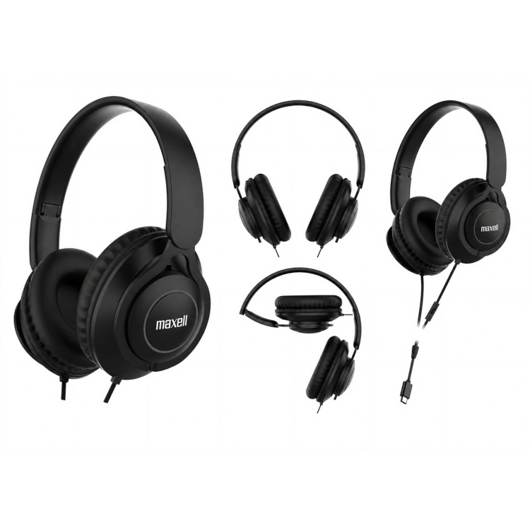 Maxell Bass 13 HD10 – Cuffie cablate USB-C nere con padiglioni imbottiti viste da diverse angolazioni