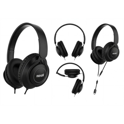 Maxell Bass 13 HD10 – Cuffie cablate USB-C nere con padiglioni imbottiti viste da diverse angolazioni