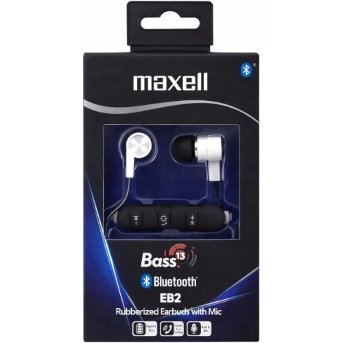 Auricolari Bluetooth Maxell Bass 13 EB2 bianchi con telecomando nero vista frontale 2