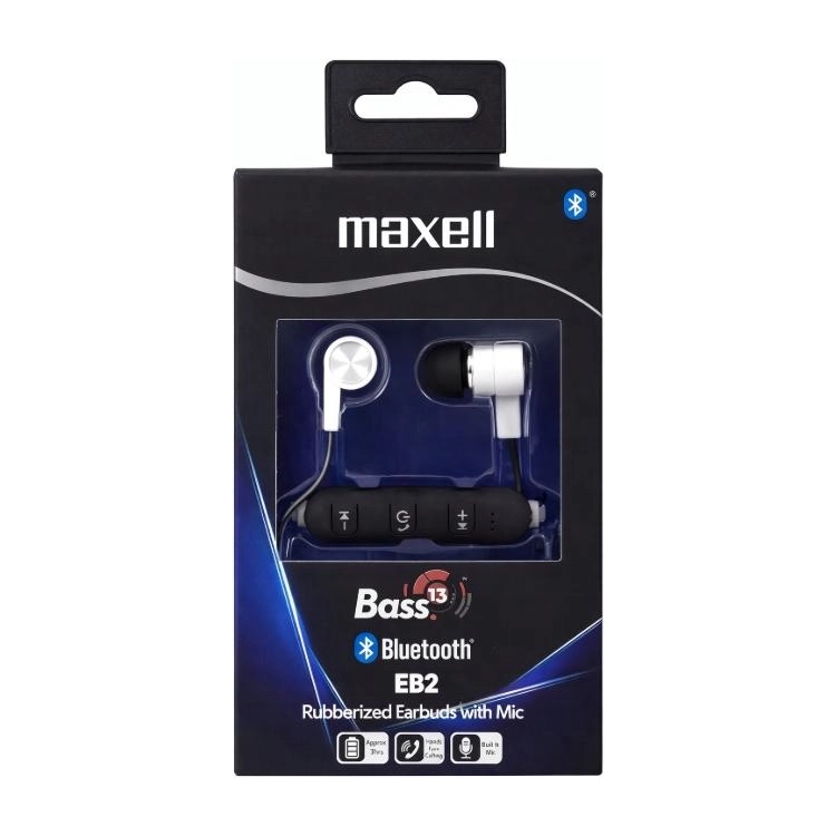 Confezione frontale auricolari Bluetooth Maxell Bass 13 EB2 bianchi