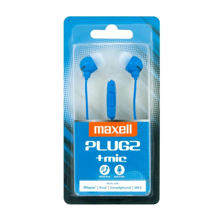 Maxell Plugz + Mic – Auricolari con cavo blu nella confezione originale vista frontale