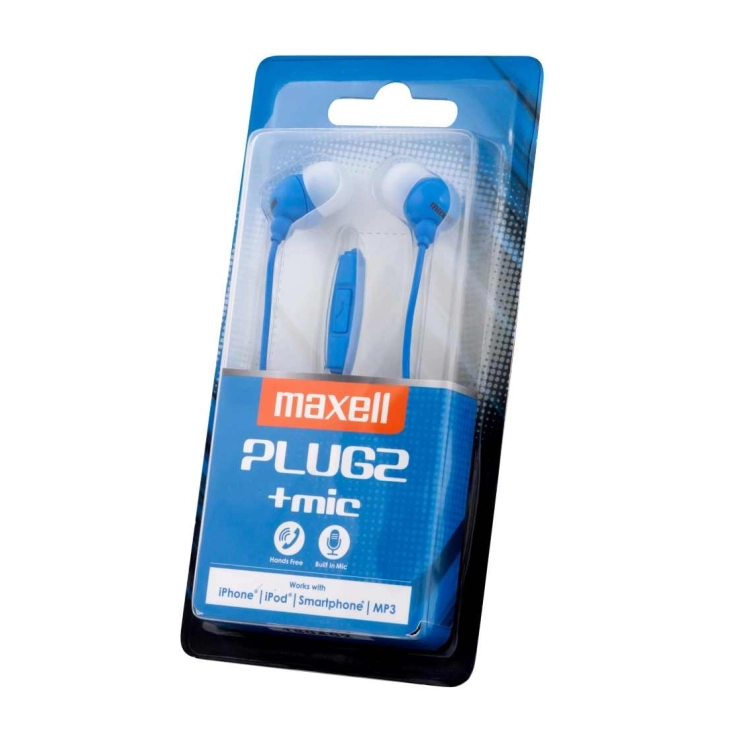 Maxell Plugz + Mic – Auricolari con cavo blu nella confezione originale vista angolata