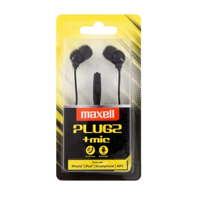 Maxell Plugz + Mic – Auricolari con cavo neri nella confezione originale vista frontale