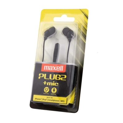 Maxell Plugz + Mic – Auricolari con cavo neri nella confezione originale vista angolata