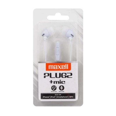 Maxell Plugz + Mic – Auricolari con cavo bianchi nella confezione originale vista frontale