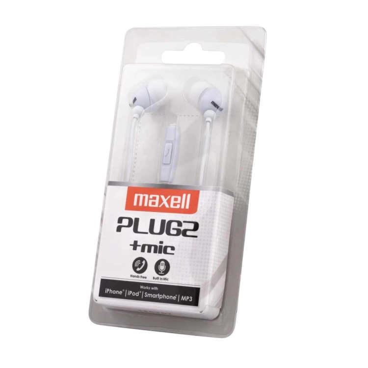 Maxell Plugz + Mic – Auricolari con cavo bianchi nella confezione originale vista angolata