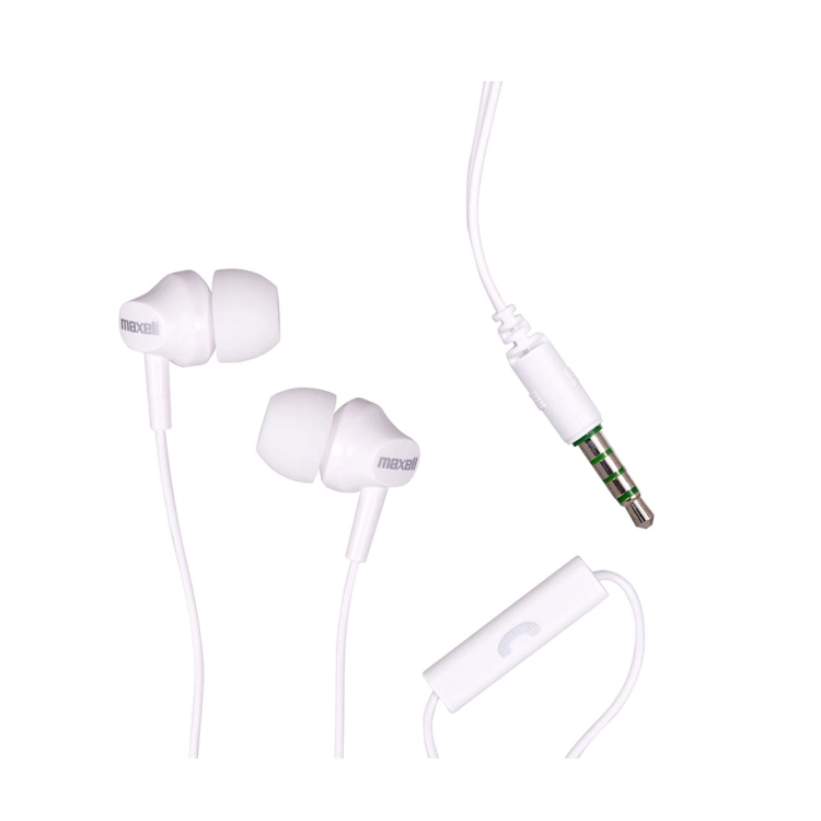 Auricolari Maxell EB875 bianchi con filo, microfono per chiamate e connettore jack 3,5 mm – 304019