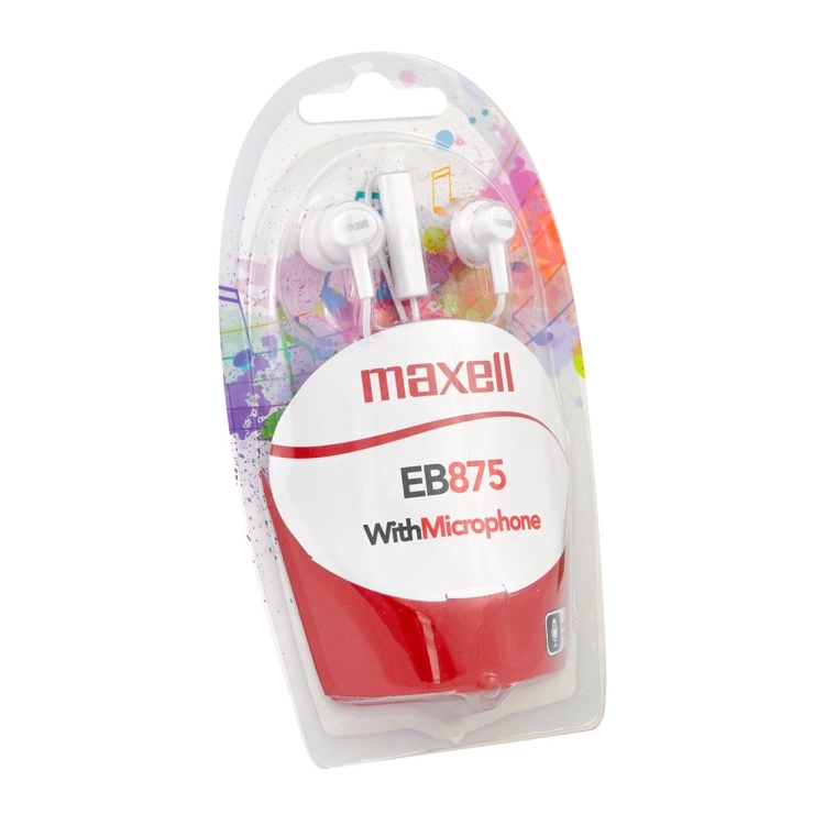 Auricolari con filo Maxell EB875 bianchi con microfono integrato, confezione blister vista laterale – 304019