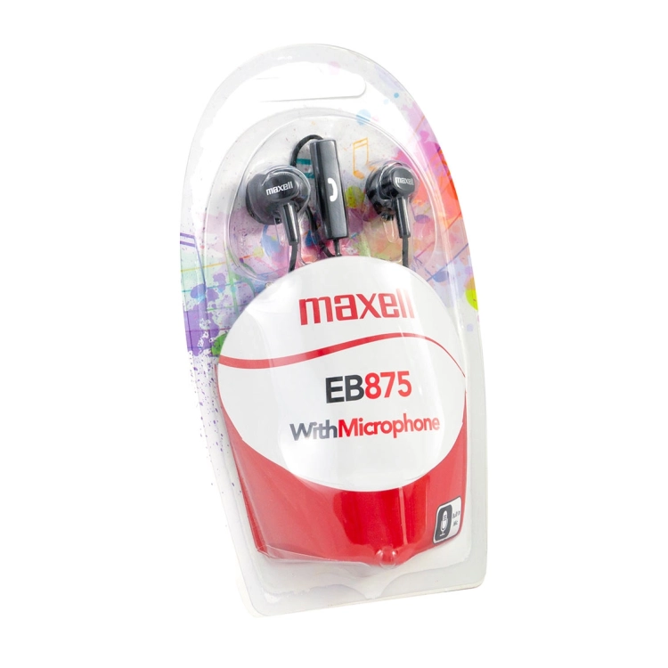 Auricolari con filo Maxell EB875 neri con microfono integrato, confezione blister vista laterale – 304018